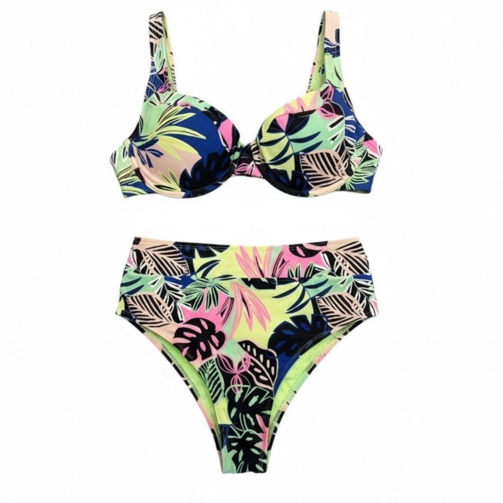 Tropical Leaf Bright Bikini Underwire Top L High Waist Bottom M Colorful Swim